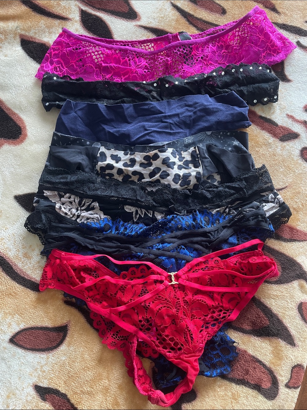 Mixed Lace & Printed Bikini Panty Set - Pink, Black, Navy, Red
